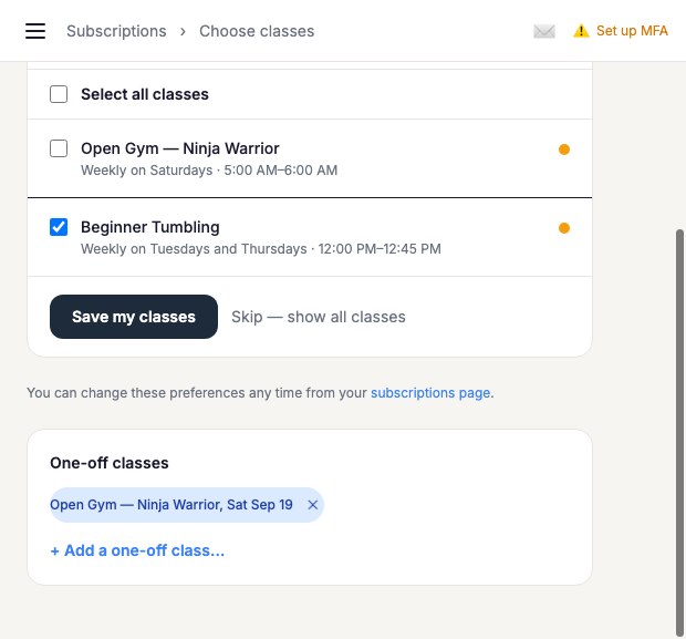 Choose Your Classes Page With A One-off Class Chip And Add A One-off Class Button