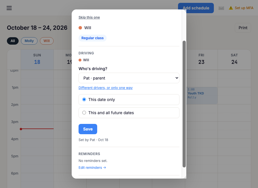 The Driving section of a class in the calendar, with a driver chosen for drop-off and pick-up