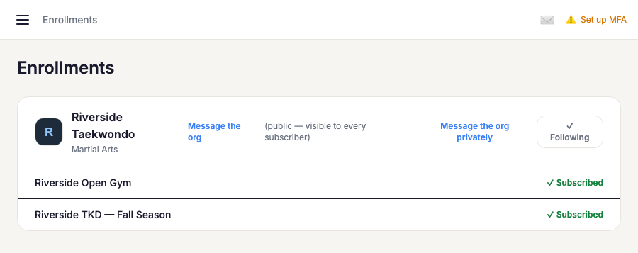 Message the org and Message the org privately links on the Following page