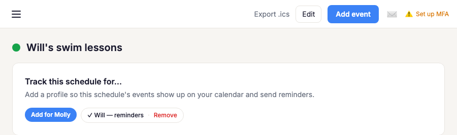 Track This Schedule For Section, With A Remove Link Next To A Subscribed Profile