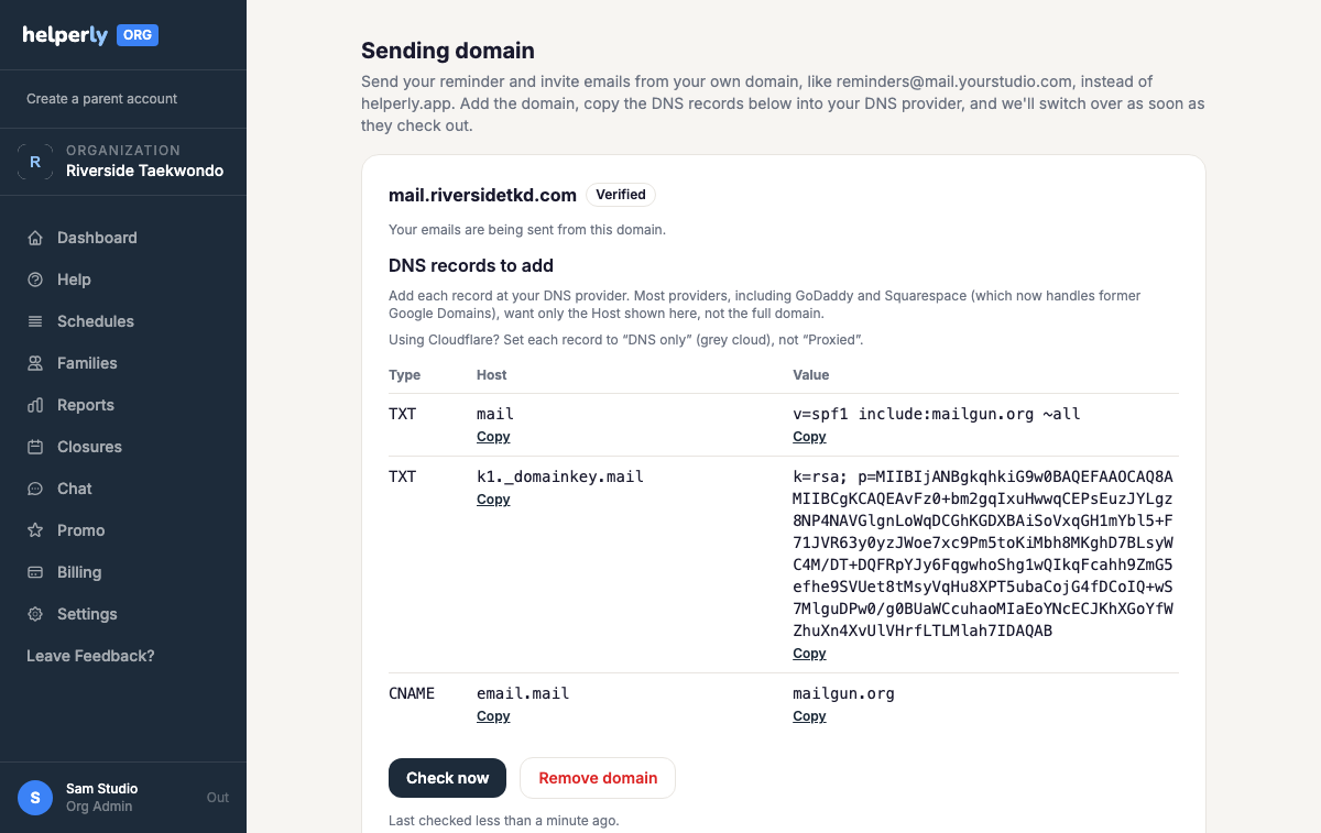 The Sending domain page listing the DNS records to add